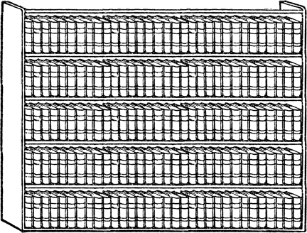 An illustration of one of the library's bookcases, embedded with links to each of the five shelves it contains.